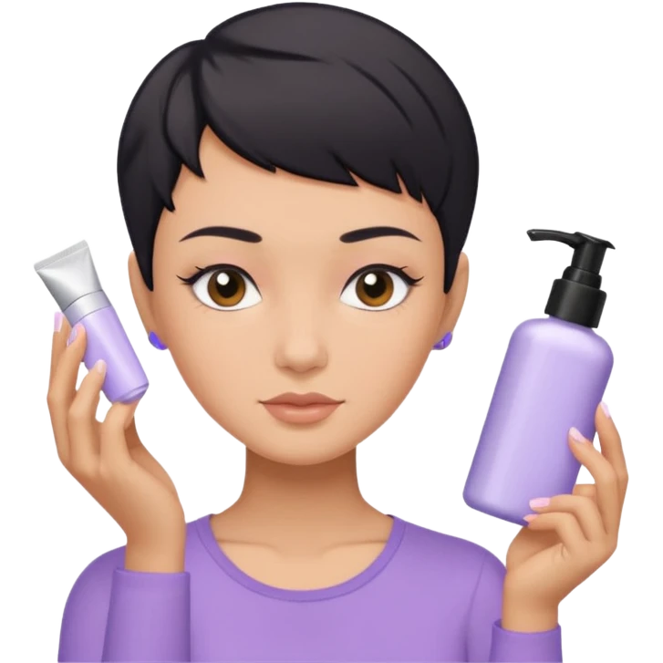 tan girl with pastel purple shirt with black hair & a pixie, doing her skin care emoji