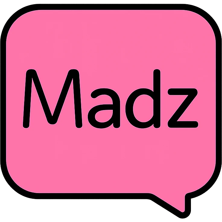 pink logo with the word 'Madz', sleek minimalist font, square format emoji