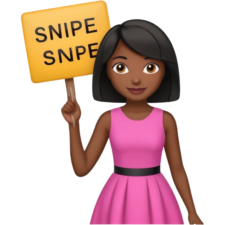 Dark skin woman with black bob in hair holding sign that says snipe  wearing pink dress  emoji