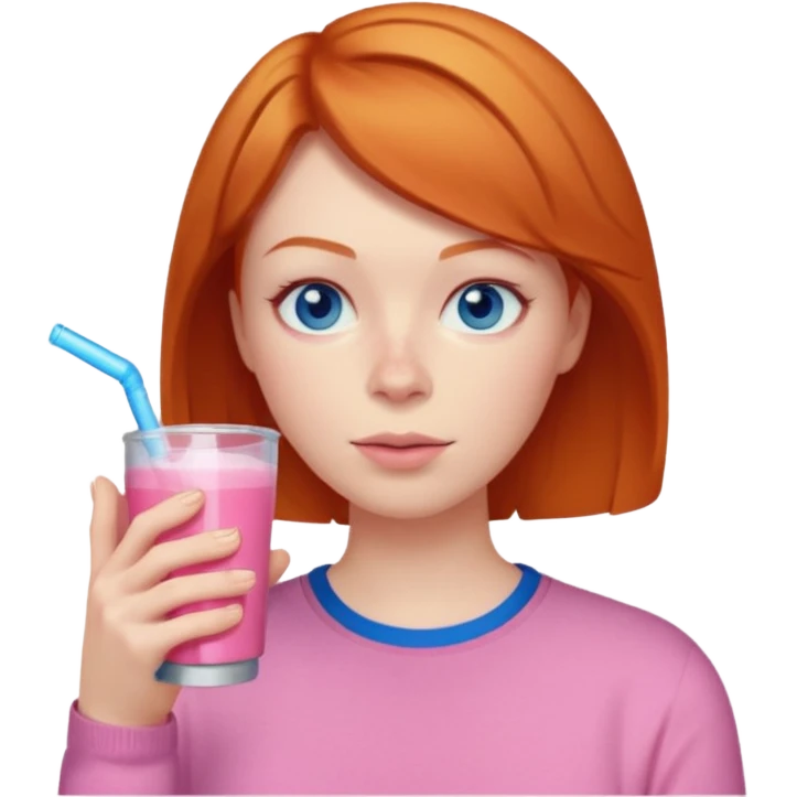 ginger woman short hair, pink shirt, sipping energy drink blue eyes cosy  emoji