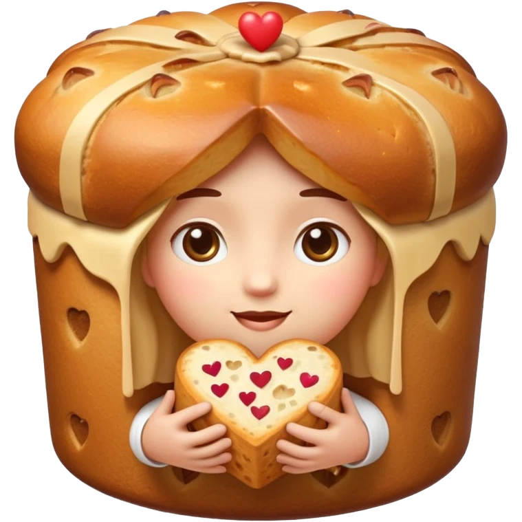 Apple-style emoji illustration of a cute face with dreamy eyes hugging a traditional panettone, small hearts floating around, soft 3D emoji style, smooth gradients, rounded shapes, warm festive colors, simple expression, centered composition, transparent background, no text. emoji