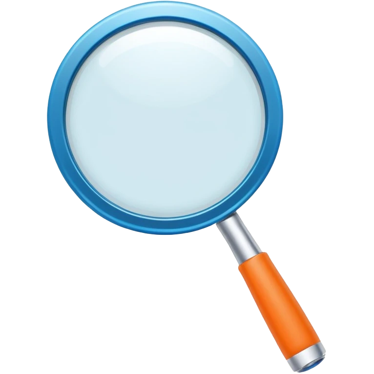 A stylized blue magnifying glass tilted right, flat design, minimalist, vibrant orange handle, white circular background, high resolution, 2048x2048 pixels, vector art, clean lines emoji