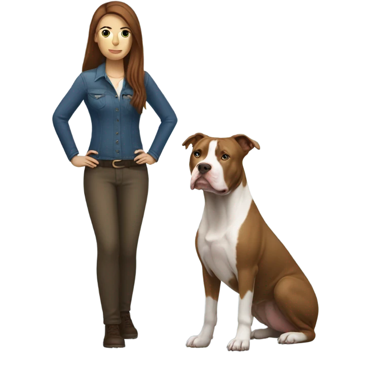 white woman with straight long brown hair standing alongside a white pitbull emoji