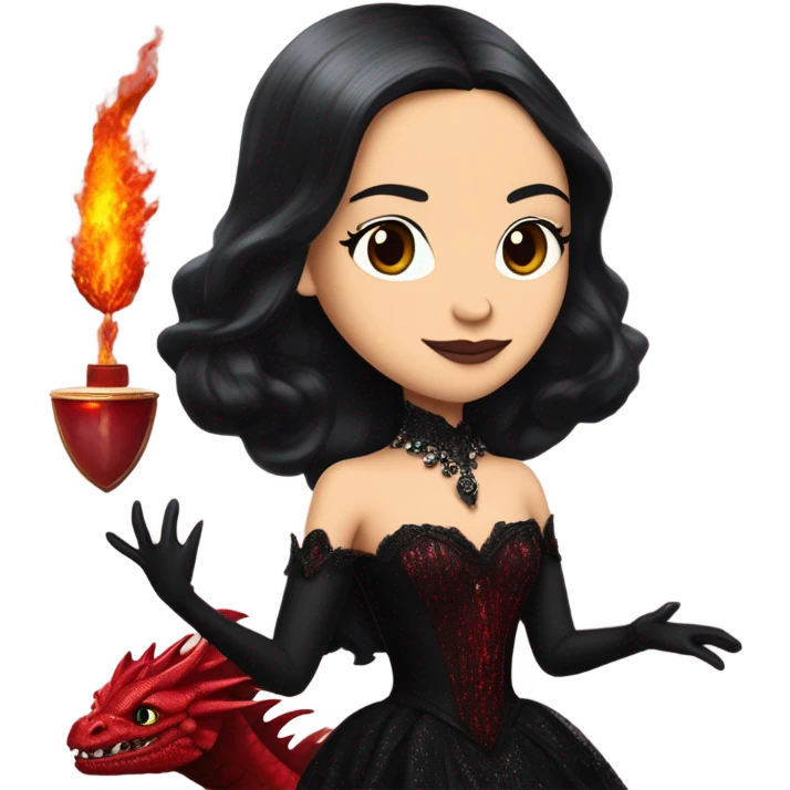 Lavish Victorian evening gown with gloves, Jenna Ortega as Morticia Addams Jedi wearing a mini tiara, riding on the back of a very large blood red evil-looking horned firedragon emoji