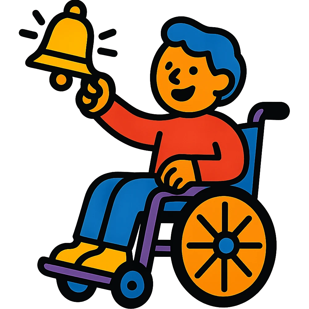 person in a wheelchair ringing a bell, vibrant cartoon style emoji