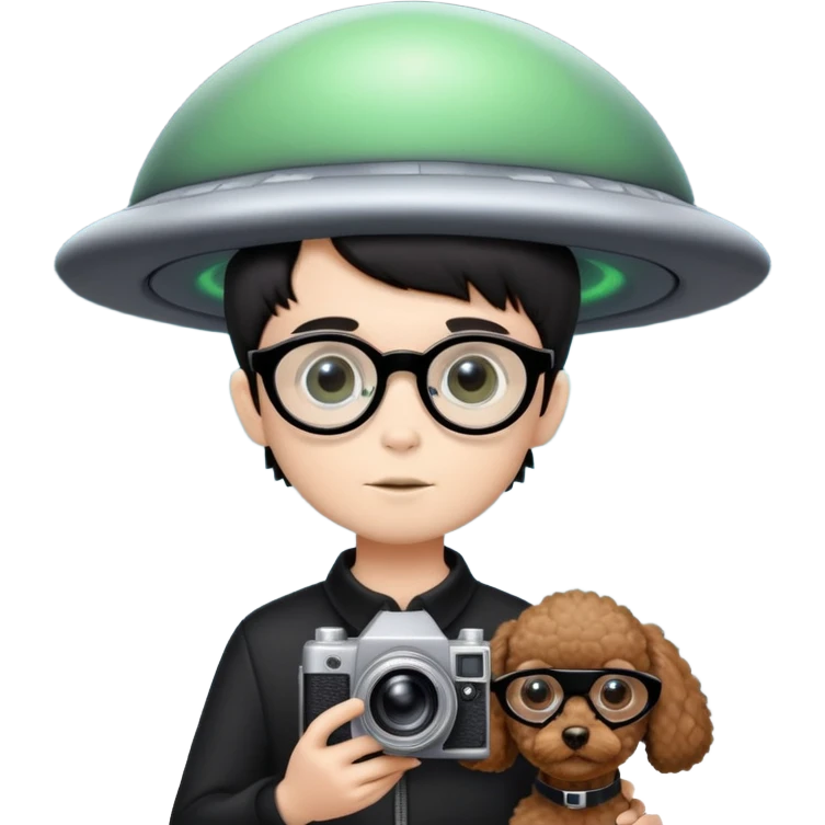 A little boy with straight black medium-length hair, white skin, and black eyes wearing black-framed glasses is taking photos on a UFO with a camera. Beside him, there is an alien and a brown round-headed poodle. emoji