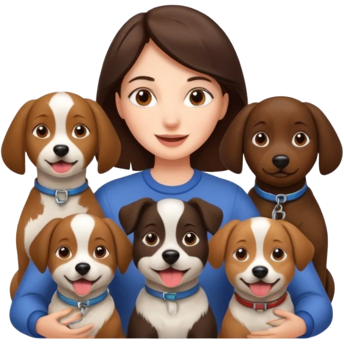 brunette woman surrounded by 4 dogs emoji