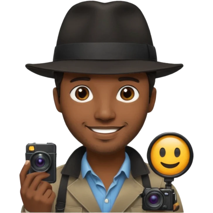 smiling Black photographer wearing black fedora, short messy dark brown hair, stubble emoji