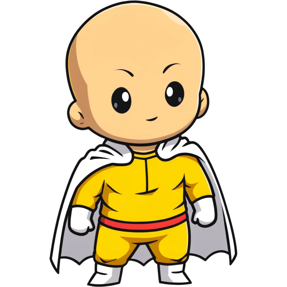 super cute chibi Saitama from One Punch Man with bald head, yellow jumpsuit, white cape and innocent face emoji