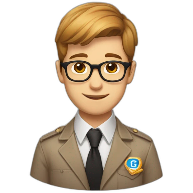 Light brown hair boy with glasses, with a white elegant shirt and a badge with the word "Carmelo - GFT" on it emoji