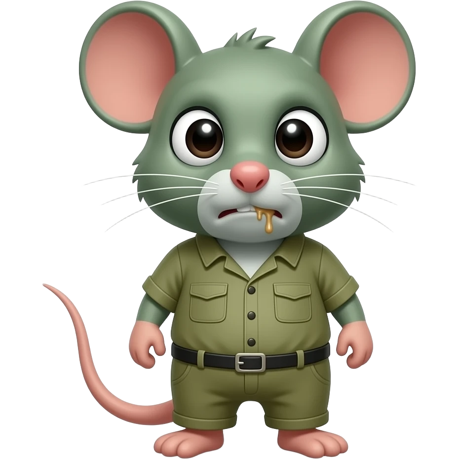 A little green mouse shaped like a little human dressed in khaki green, staring at us with a look of revolting, he has vomit on his mouth. emoji