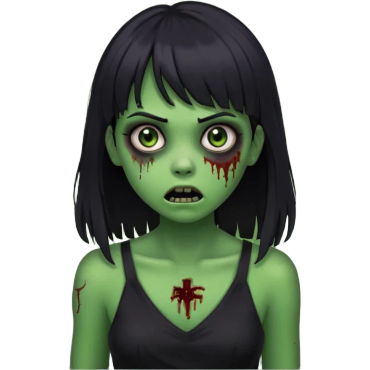 faça uma garota na forma de zumbi com a pele verde, assustada e com os olhos escurod, com o cabelo preto com franja e longo e a roupa decotada preta emoji