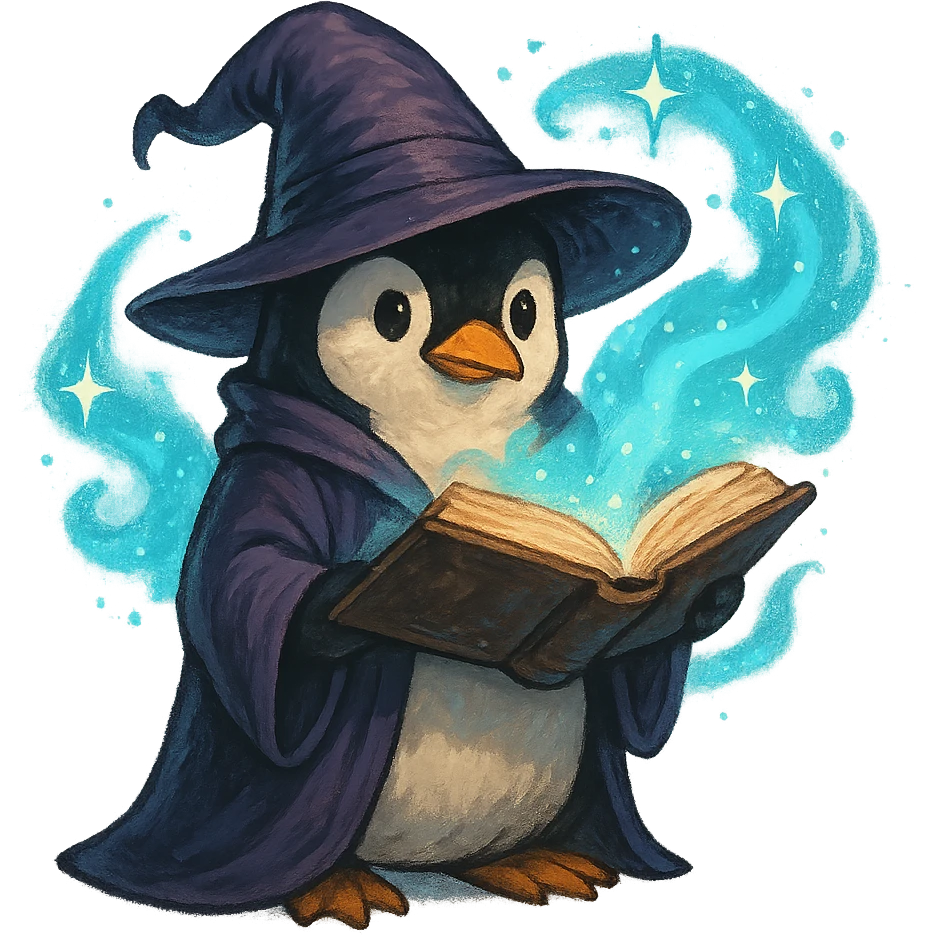 penguin wizard holding an open spellbook, magical aura emoji