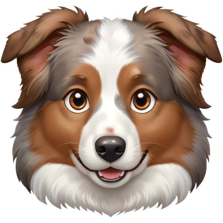 cute close-up of Australian Shepherd dog face, adorable expression, detailed heterochromatic eyes (one blue one brown), fluffy fur with merle pattern, expressive ears, sweet smile emoji