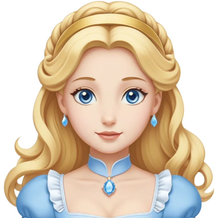 Cinematic Elegant Cinderella Portrait Emoji, Graceful and poised in her classic maid attire, golden locks cascading softly, bright blue eyes full of hope, a gentle glow of kindness and determination, delicate and humble yet undeniably beautiful, evoking the moment before her magical transformation, pure enchantment in her gaze! emoji