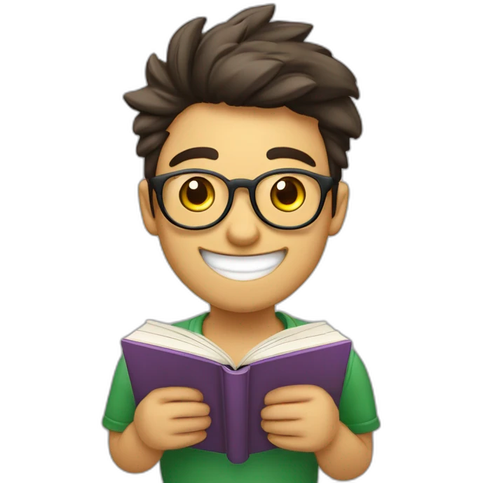 joven estudiante con todossus libros que son muchos, de piel blanca muy feliz y sonriente con un libro en sus manos  emoji