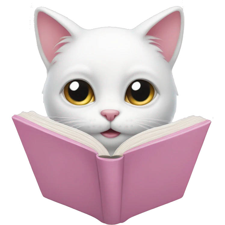 White cat is reading soft pink book emoji