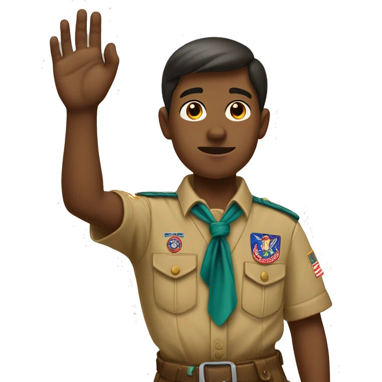 Boy-scout with his right hand up with palm facing front, with fingers straight except the thumb that is positioned over a bent pinky emoji