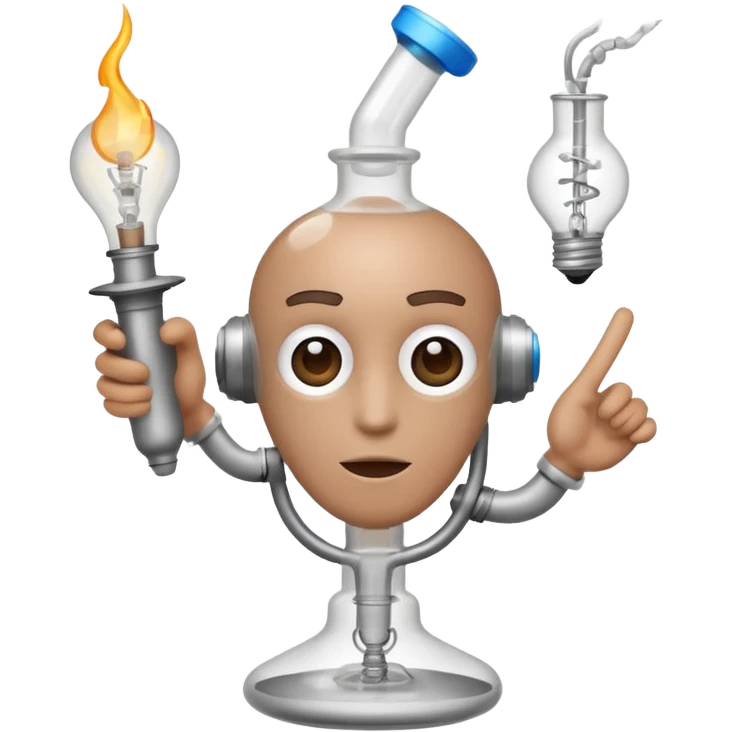 AI character hitting a transparent glass bong, looking inspired, with creative idea icons like lightbulbs and sparks around, no fruit emoji