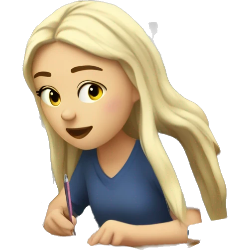 A tired white girl student writing an outline amongst books and a computer   emoji