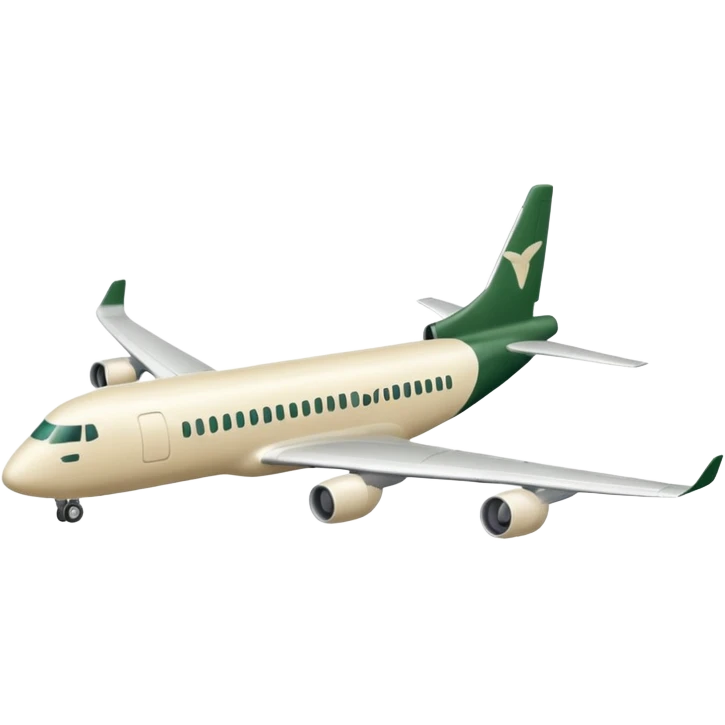 passenger airplane with long fuselage, main color light beige (milky), only dark green (#173e12) details, no other colors, Apple emoji style, no text emoji