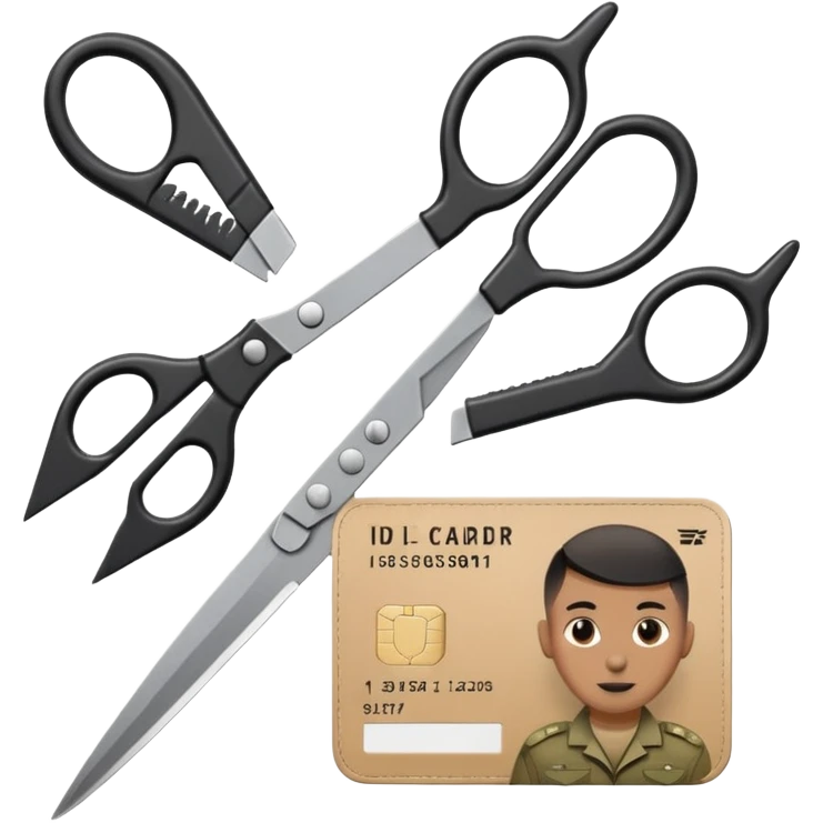 Floating black Scissors cutting in half an idf soldier ID card with a little chip in 2 parts emoji