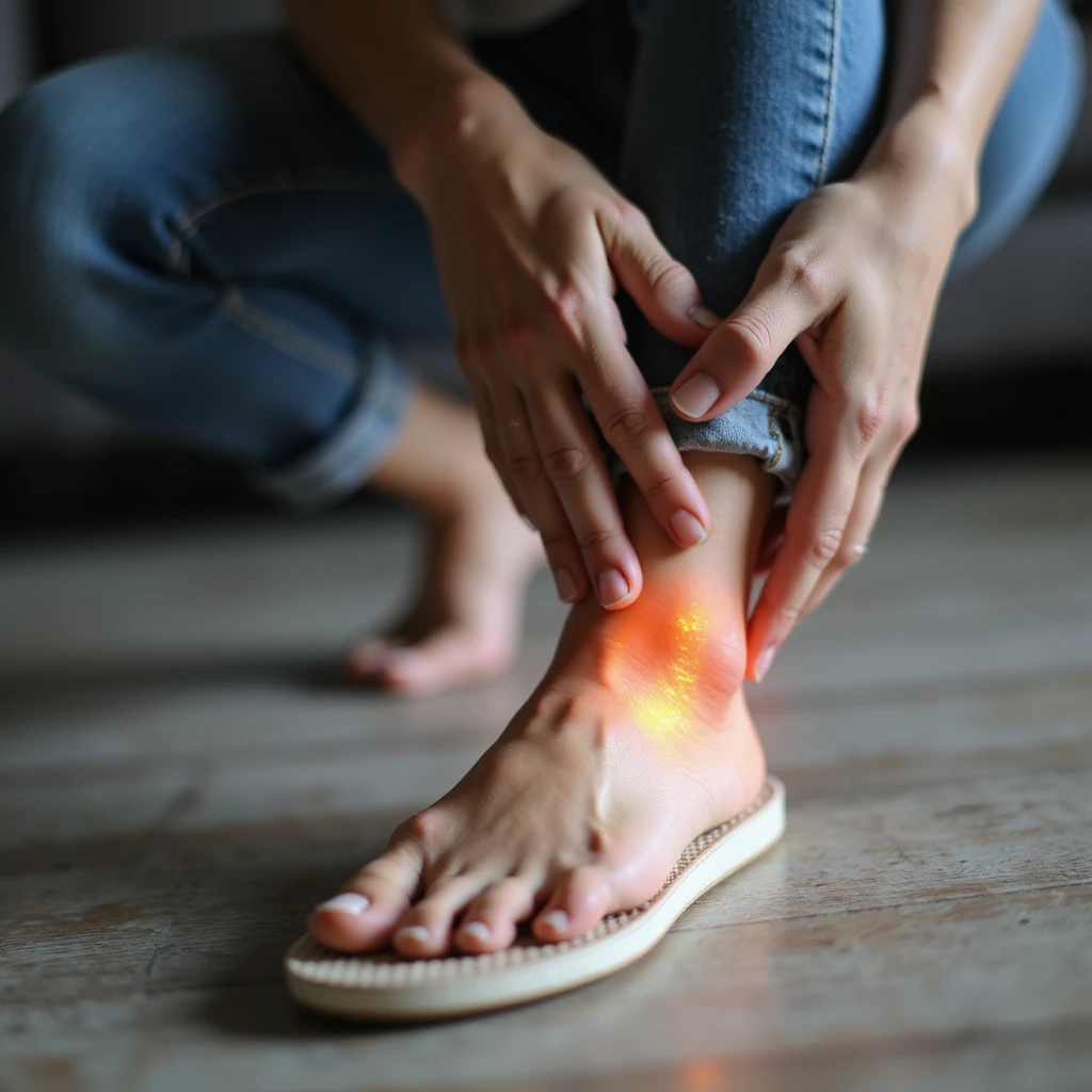 adult woman with foot and knee pain, orthopedic insole clearly visible in shoe, suffering expression, realistic style, neutral environment emoji