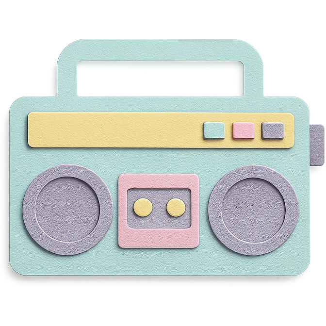 small portable boombox in paper-craft style with pastel colors and simple design emoji