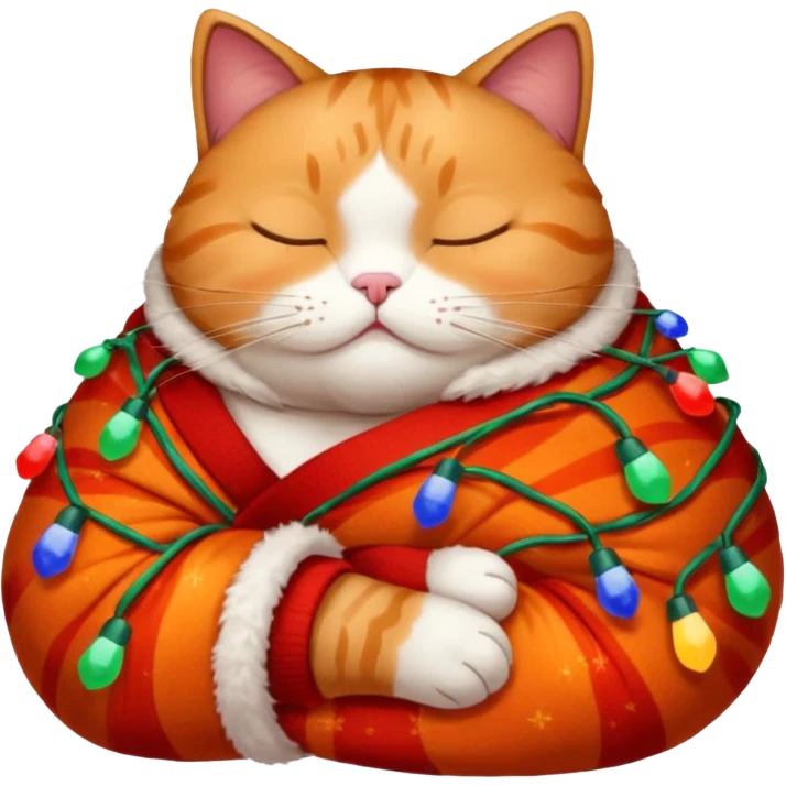 fat, sleeping cat wearing a christmas sweater wrapped in christmas lights emoji