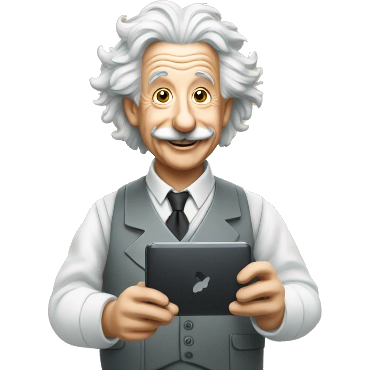 happy albert einstein holding computer in one hand emoji