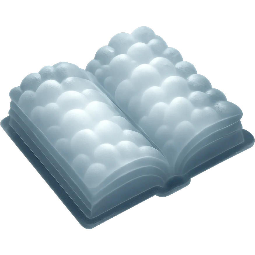 top view of a thick open book made entirely of small, very bright white fluffy convex clouds, matte glass style emoji