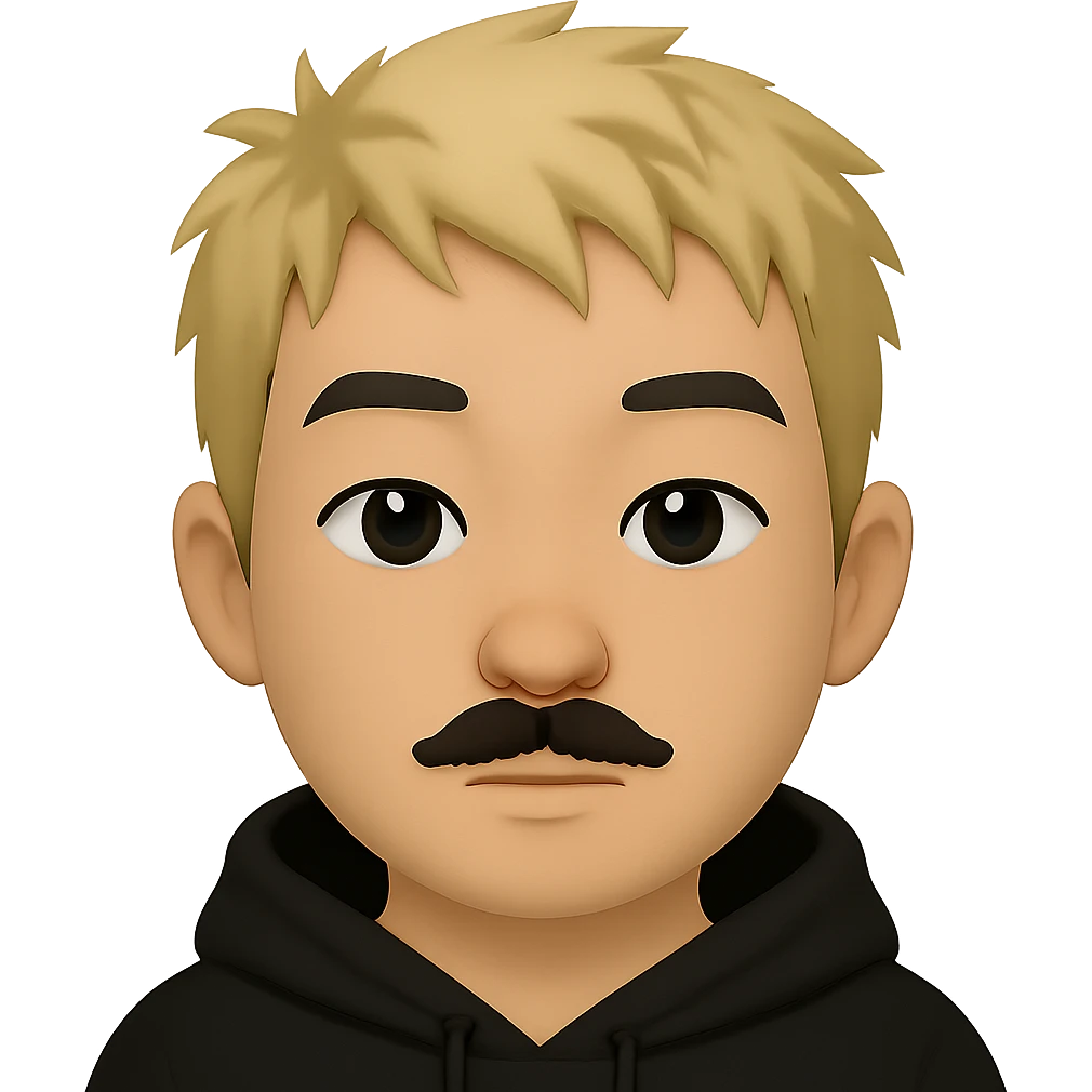 Add a black hoodie to the Asian man with a small mustache and short messy blond hair in emoji style. Preserve the transparent background. The man has a neutral expression. emoji