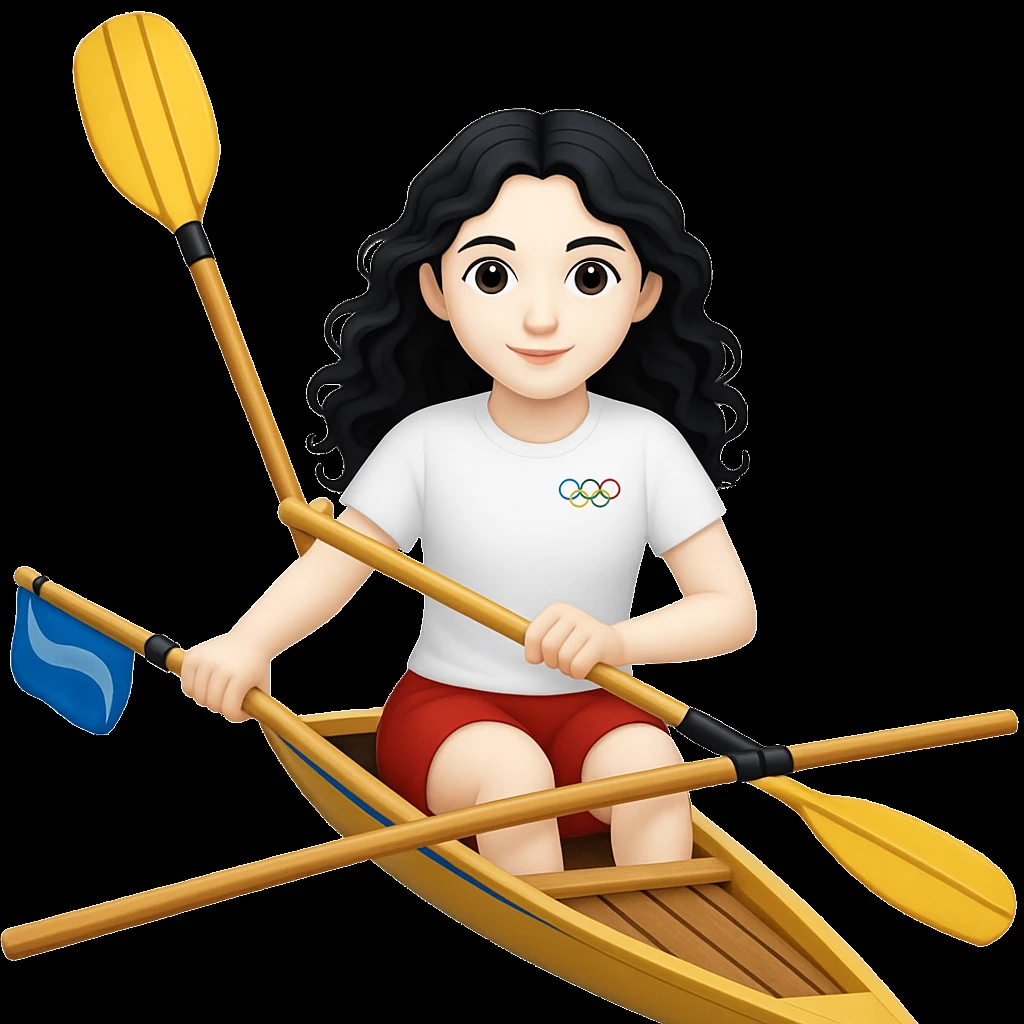 Kızın tenini daha beyaz yap, siyah uzun dalgalı saçlı, kırmızı şort ve beyaz kısa kollu tişörtle olimpik kürek sporu yapıyor emoji