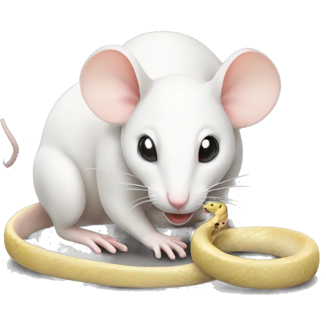 A white mouse eating a snake emoji