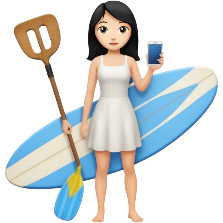 Princess who wearing white dress (woman) black hair holding her phone and long shovel with another hand. She is standing on her feet, there is one blue surfing board. emoji