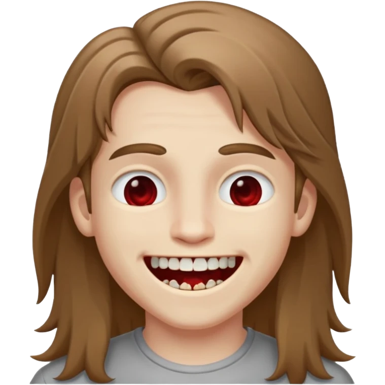парень с русыми длинными волосами; бледная сероватая кожа; белые глаза; открытая улыбка, где на зубах кровь;  emoji