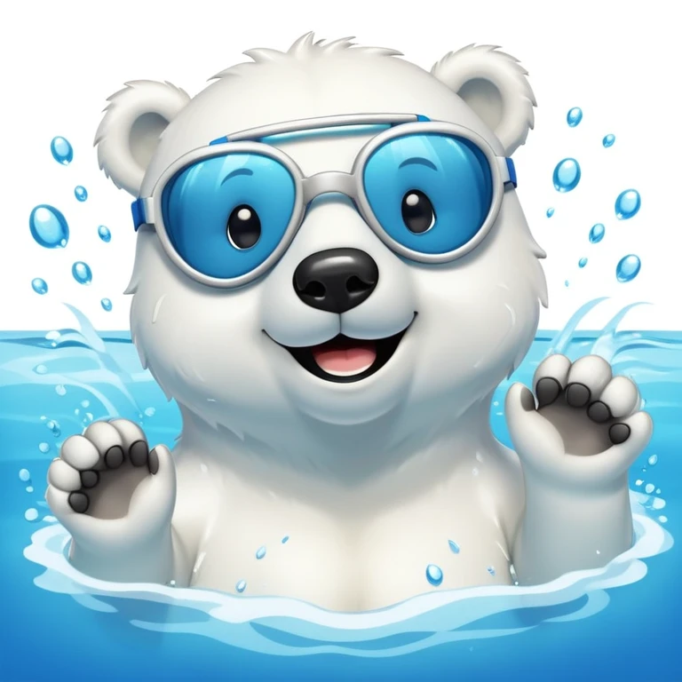 friendly anthropomorphised polar bear wearing swimming goggles, swimming in a wide pool with water splashing around emoji