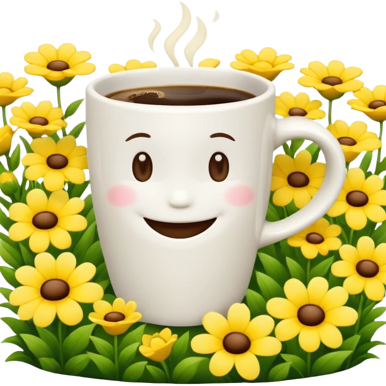 Coffee cup smiling in a garden of yellow flowers  emoji