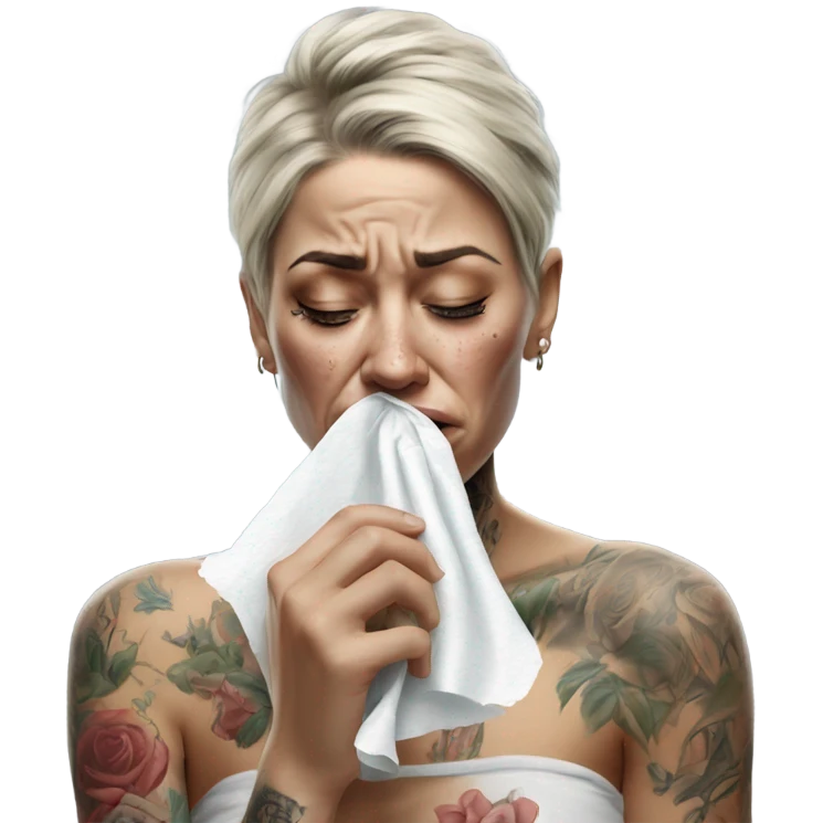 Hyper Realistic Beautiful tattooed woman crying holding a tissue   emoji