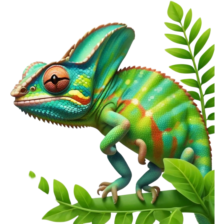 cinematic giant-smiling. chameleon-realistic emoji,-blending-with-vibrant-greenery.-detailed-scales-in-shifting-colors,-showing-the-chameleon’s-ability-to-camouflage.-soft-natural-light-highlights-its-texture.-light-background, zoomed into its face emoji