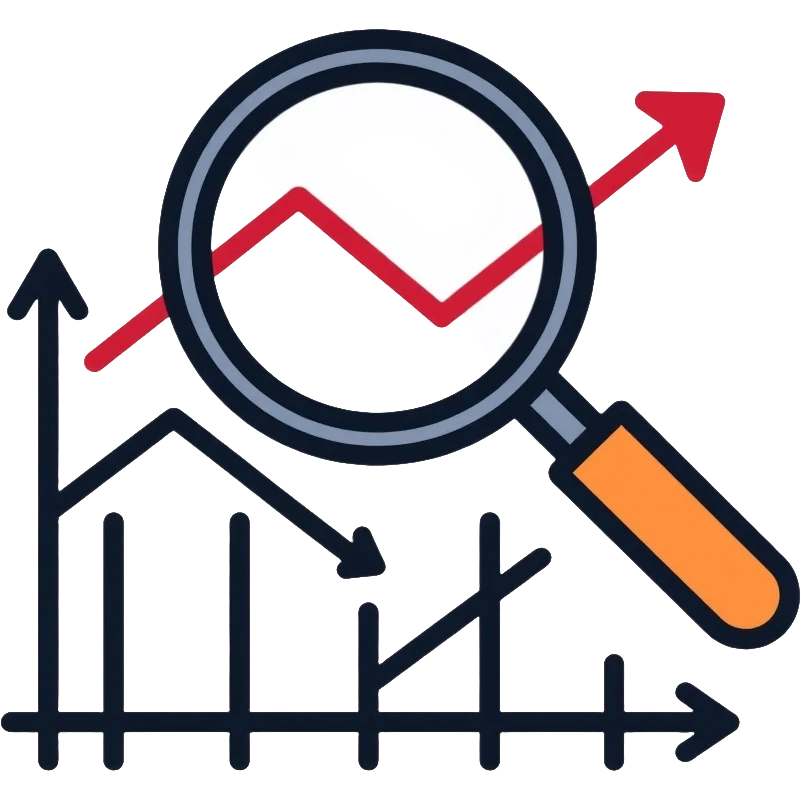 magnifying glass over a chart with downward trend emoji