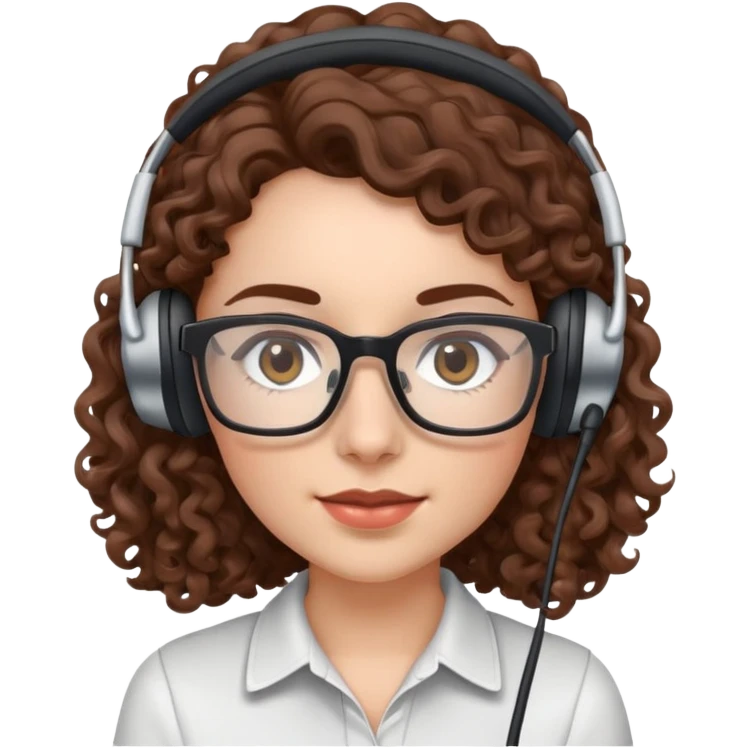 White female  Long Brown curly hair  Dark brown eyes  
 Small Square glasses  Headset  emoji