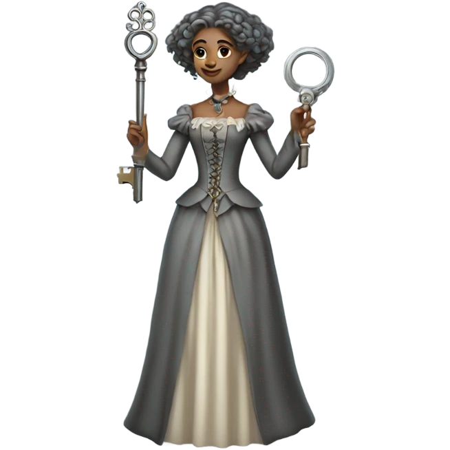 elf gray woman login holding a big key in victorian dress, full body emoji
