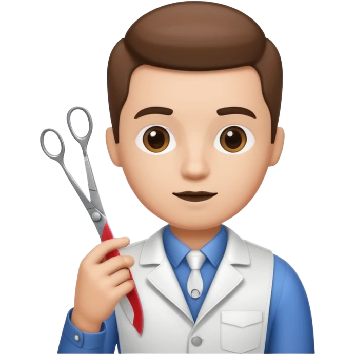 virtual assistant character in a small barber shop, holding scissors and comb emoji
