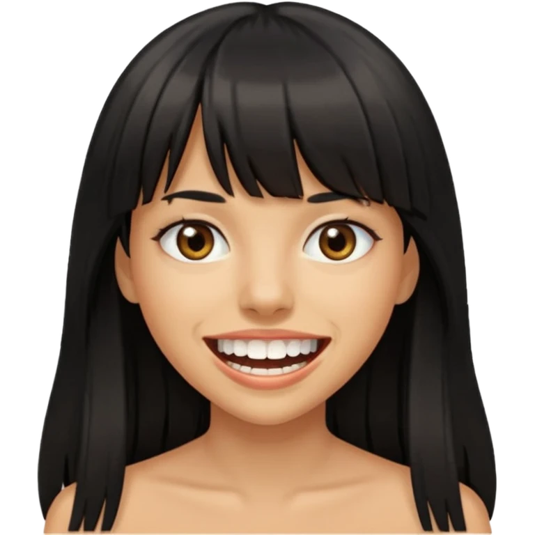 Woman a little tan with long black hairs and bangs, appearing teeth emoji