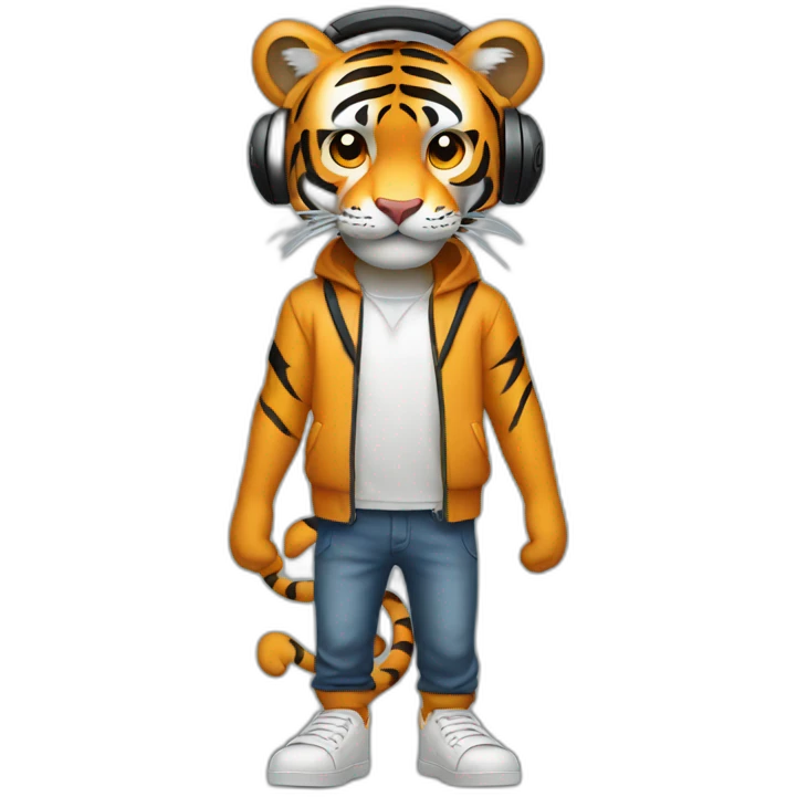 tiger standing on 2 feet wearing headphones emoji