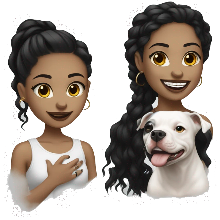 light skin woman with a face tattoo of a cross and long wavy black hair expressing joy alongide a white miniature pitbull  emoji