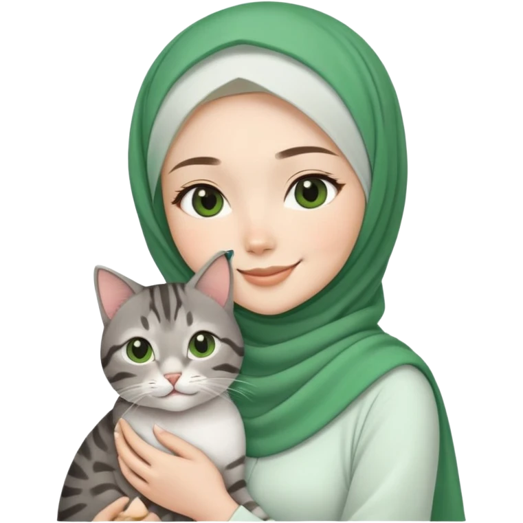 Asian White girl wearing green hijab and white dress holding a black grey tabby cat while smiling.  emoji