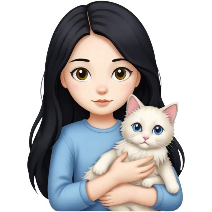 A girl with long black hair holding a cute ragdoll cat emoji