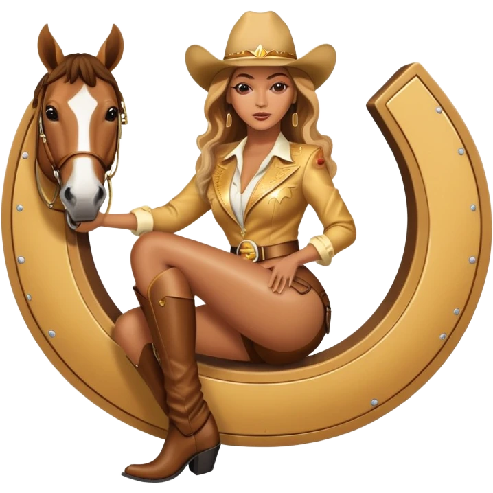 Beyonce flying with golden cowboy suit and hat sitting on giant horseshoe emoji